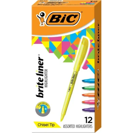 BIC Brite Liner Highlighters, Chisel Tip, 12-Count Pack of Highlighters Assorted Colors, Ideal Highlighter Set for Organizing and Coloring